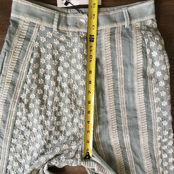 NWOT Zara Embroidered Pants Eyelet Patchwork Blue Seafoam Floral Gauze HiRise XS - Picture 7 of 13